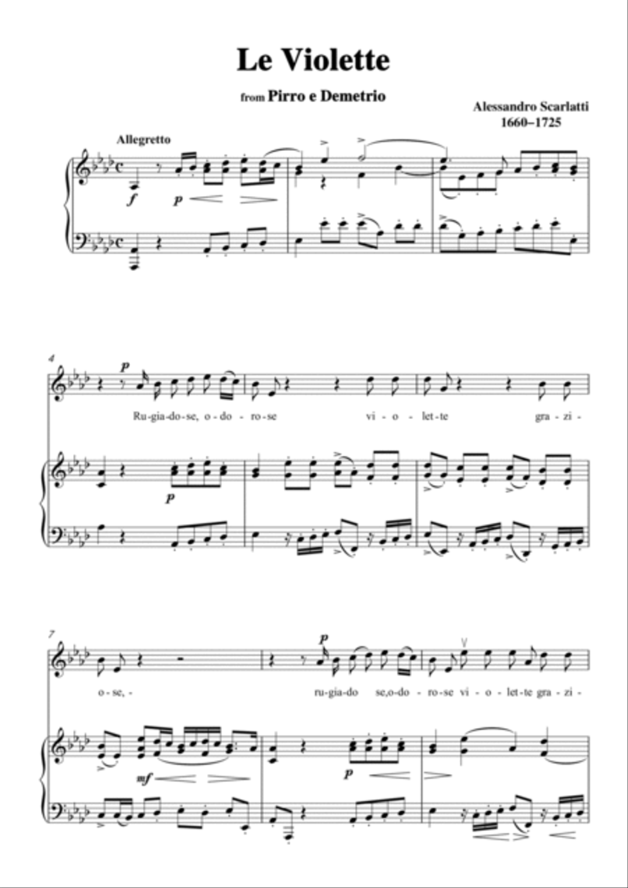 Scarlatti-Le Violette in A flat Major,from Pirro e Demetrio,for Voice&Piano Voice scores gallery preview page 3