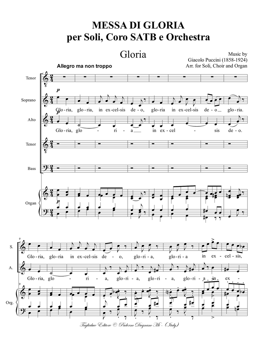 MESSA DI GLORIA, 2. GLORIA. G. Puccini. Arr. for Tenor Solo, SATB Choir and Orgn 4-Part scores gallery preview page 1