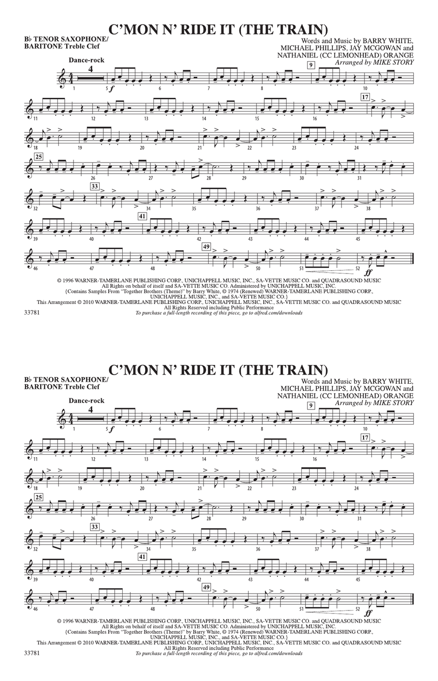 C'mon n' Ride It (The Train): Bb Tenor Saxophone/Bartione Treble Clef
