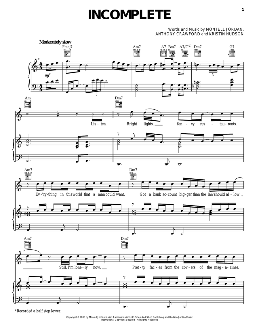 Incomplete Piano, Vocal, Guitar scores gallery preview page 1