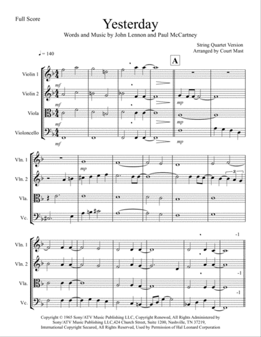 Yesterday String Quartet scores gallery preview page 1