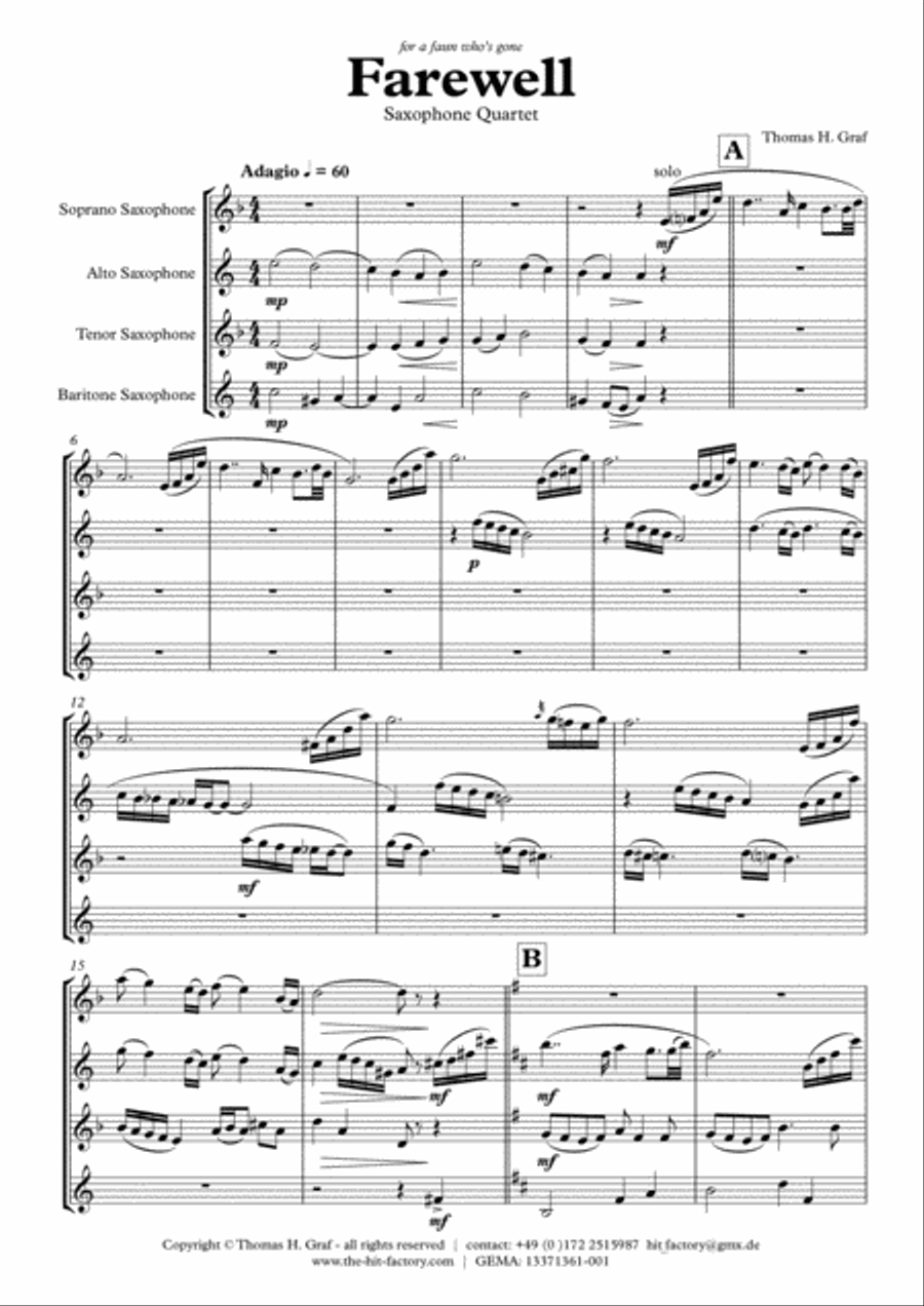 Farewell - Ballad - Saxophone Quartet Saxophone Quartet scores gallery preview page 1