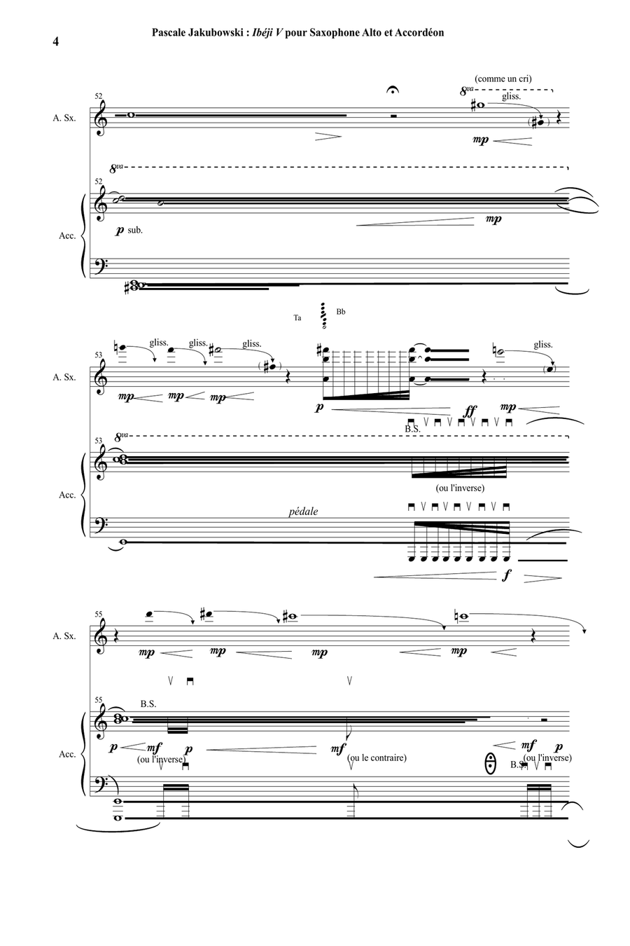 Pascale Jakubowski : Ibéji IV for alto saxophone and accordion Chamber Music scores gallery preview page 4