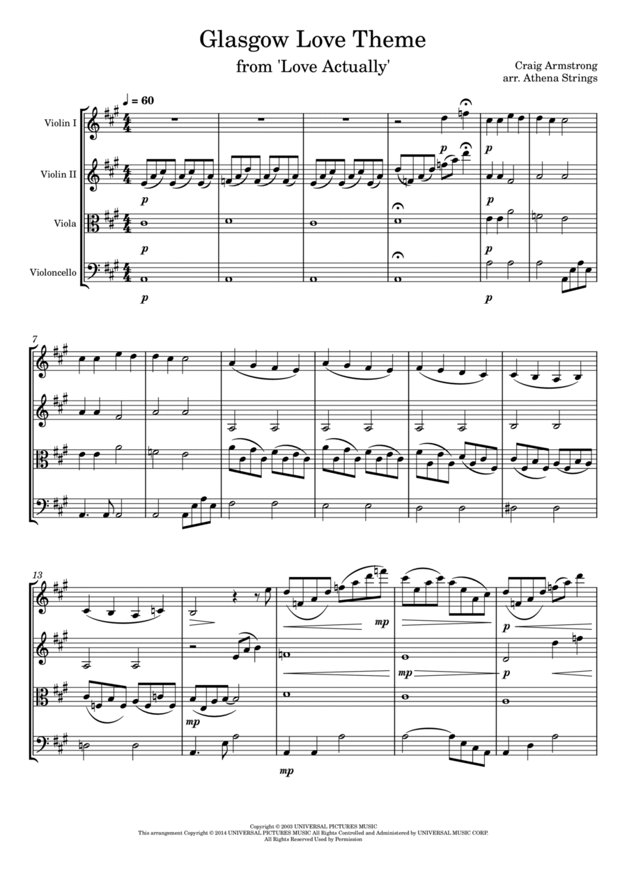 Glasgow Love Theme String Quartet scores gallery preview page 1