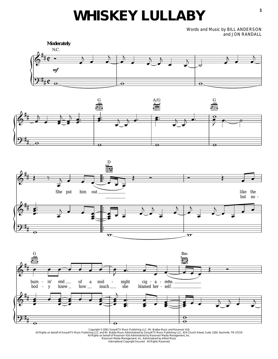 Whiskey Lullaby Piano, Vocal, Guitar scores gallery preview page 1
