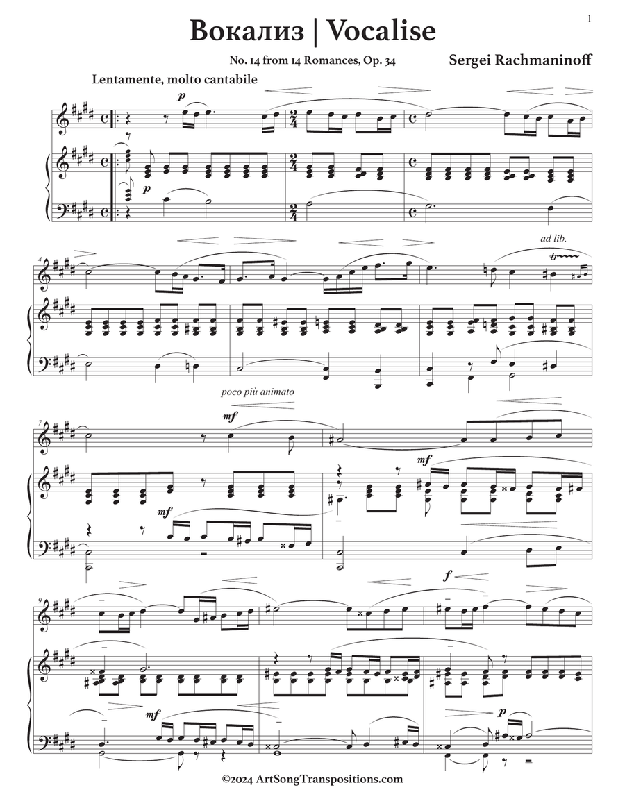 RACHMANINOFF: Vocalise, Op. 34 no. 14 (in 7 keys: C-sharp, C, B, B-flat, A, A-flat, and G minor) Piano, Vocal scores gallery preview page 2