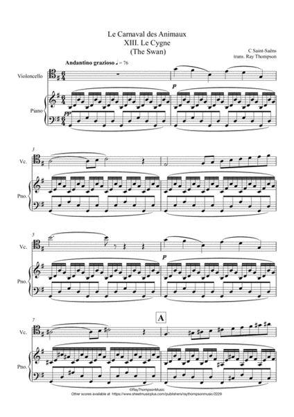 O Carnaval dos Animais (Carnival of the Animals) 13. Le Cygne - Piano,  Violino - Partituras - Cantorion - Partituras grátis