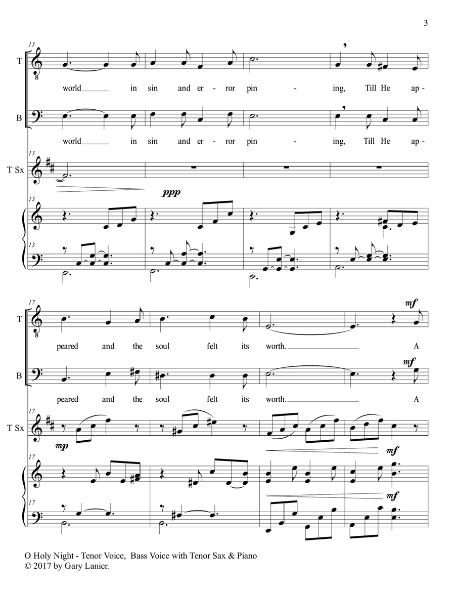 O HOLY NIGHT (Duet - Tenor Voice, Bass Voice with Tenor Sax & Piano - Score & Parts included) Small Ensemble scores gallery preview page 4