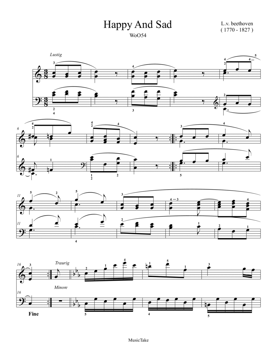 Beethoven Happy and Sad WoO54 Easy Piano scores gallery preview page 1