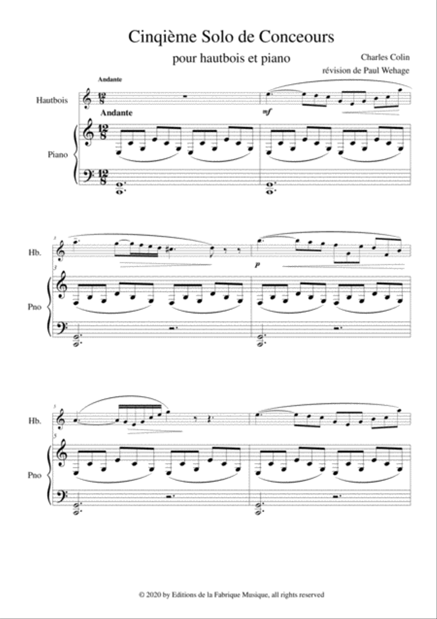 Charles Colin: Cinquième Solo de Concours, Opus 45 fro oboe and piano Piano scores gallery preview page 2