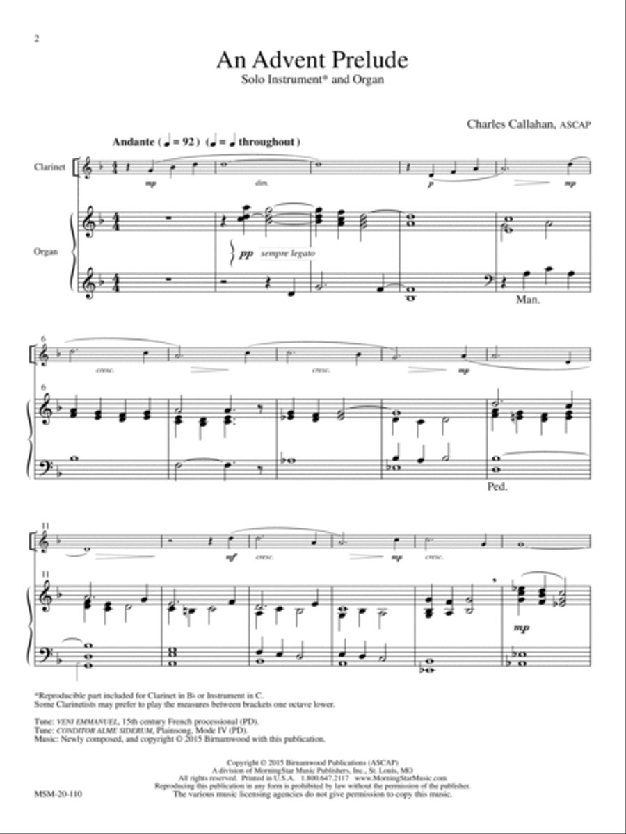 Advent & Christmas: Two Preludes for Solo Instrument and Organ Clarinet scores gallery preview page 3