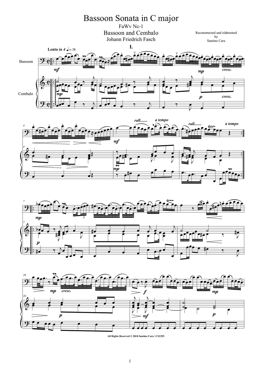 Fasch - Bassoon Sonata in C major FaWv Nc-1 for Bassoon and Cembalo (or Piano) Bassoon scores gallery preview page 1