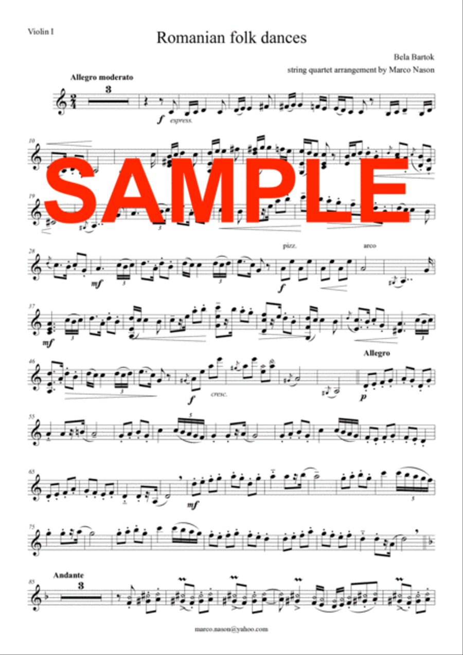 Bela Bartok - Romanian Folk Dances for string quartet String Quartet scores gallery preview page 3