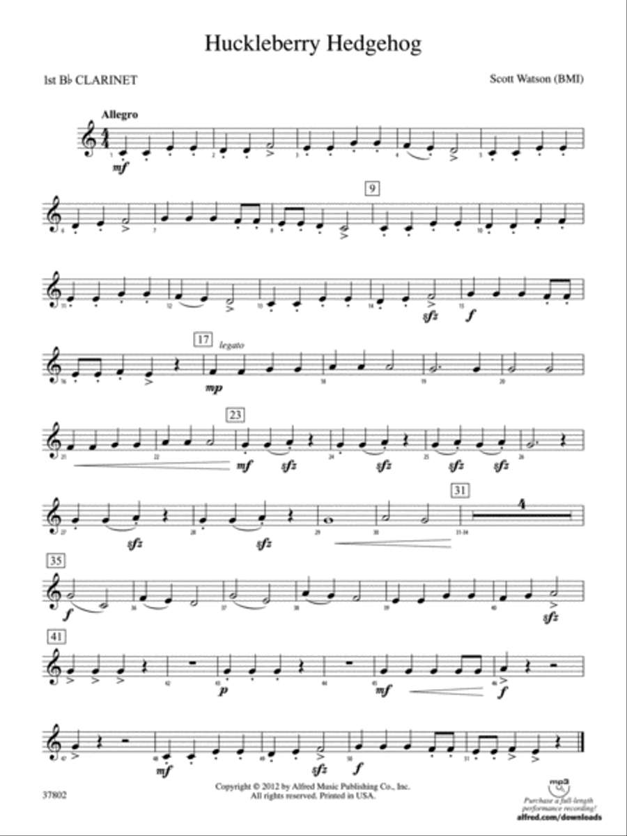 Huckleberry Hedgehog: 1st B-flat Clarinet Concert Band scores gallery preview page 1