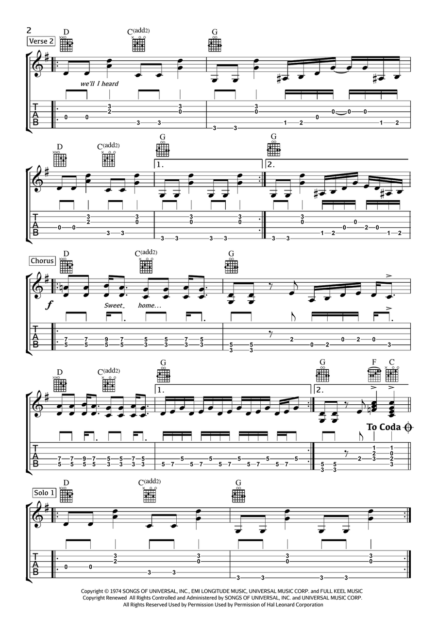 Sweet Home Alabama Guitar Tablature scores gallery preview page 2