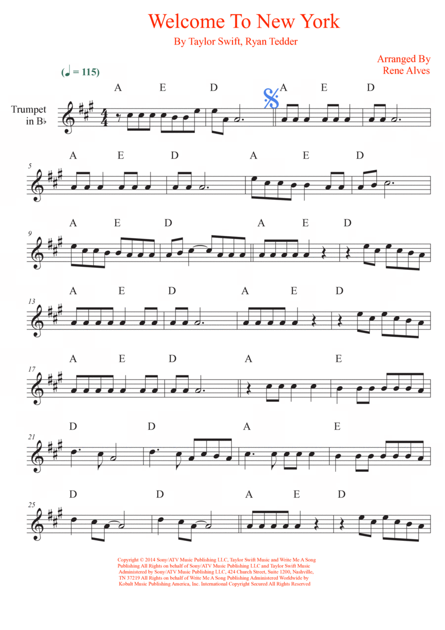 Welcome To New York B-Flat Trumpet scores gallery preview page 1