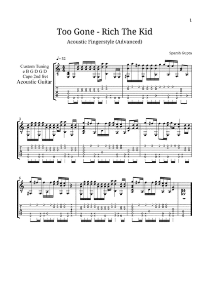 Too Gone (Rich The Kid) Acoustic Fingerstyle Guitar Tab image number null