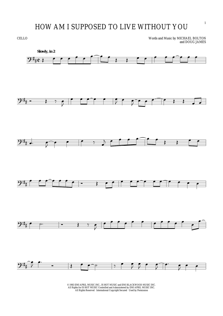 How Am I Supposed To Live Without You Cello Solo scores gallery preview page 1