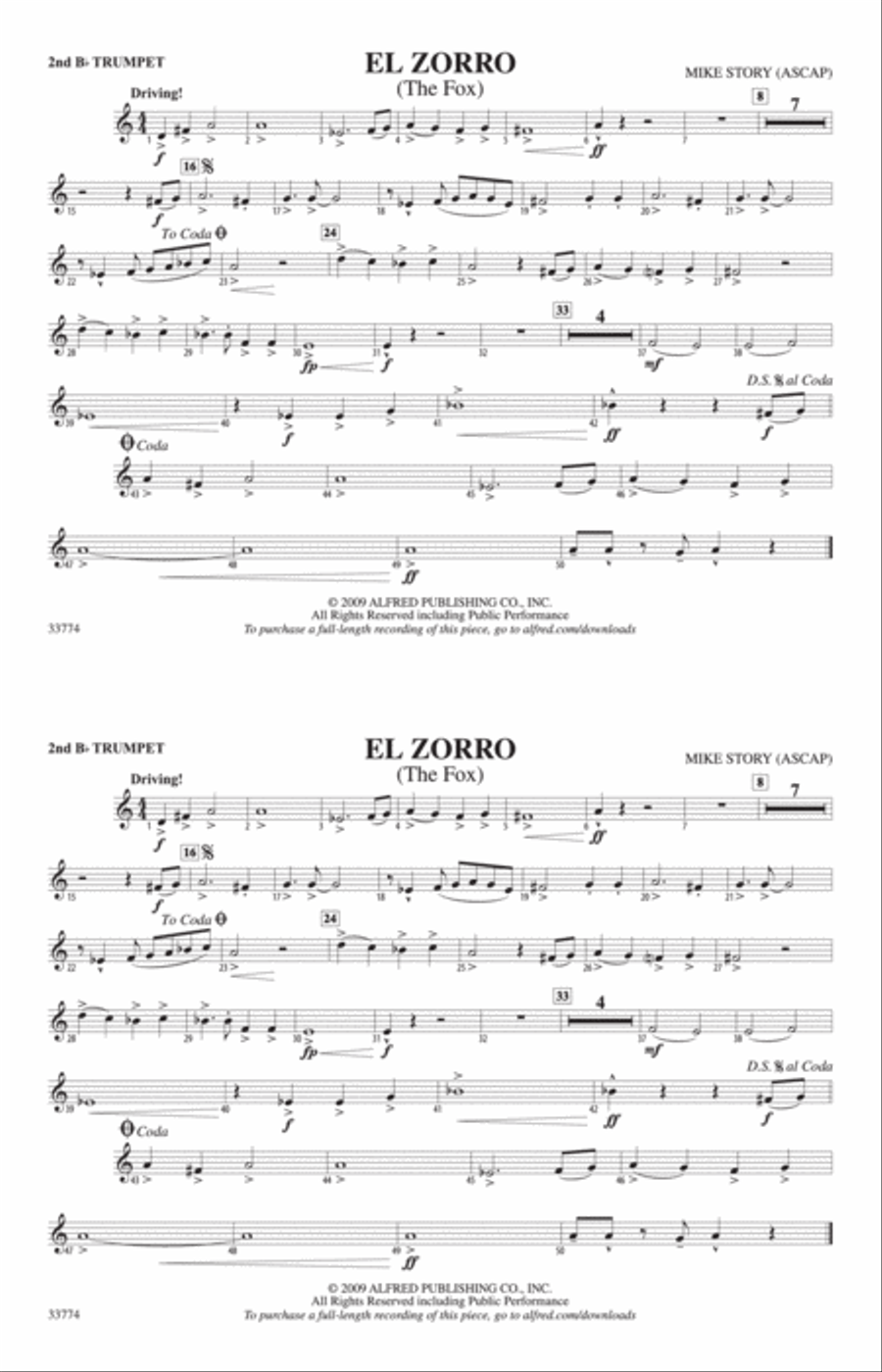 El Zorro: 2nd B-flat Trumpet Marching Band scores gallery preview page 1