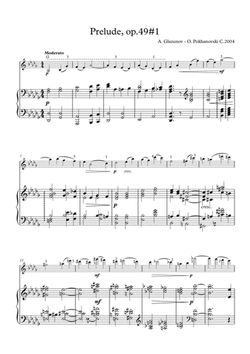 Glazunov-Pokhanovski Prelude op.49#1 arranged for violin and piano image number null