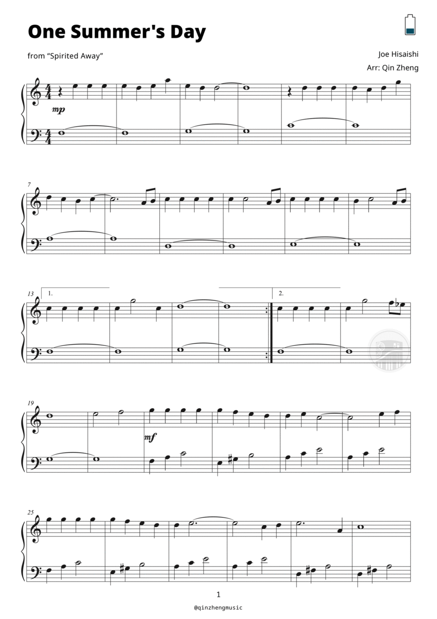 One Summer's Day One Summer's Day Easy Piano scores gallery preview page 1