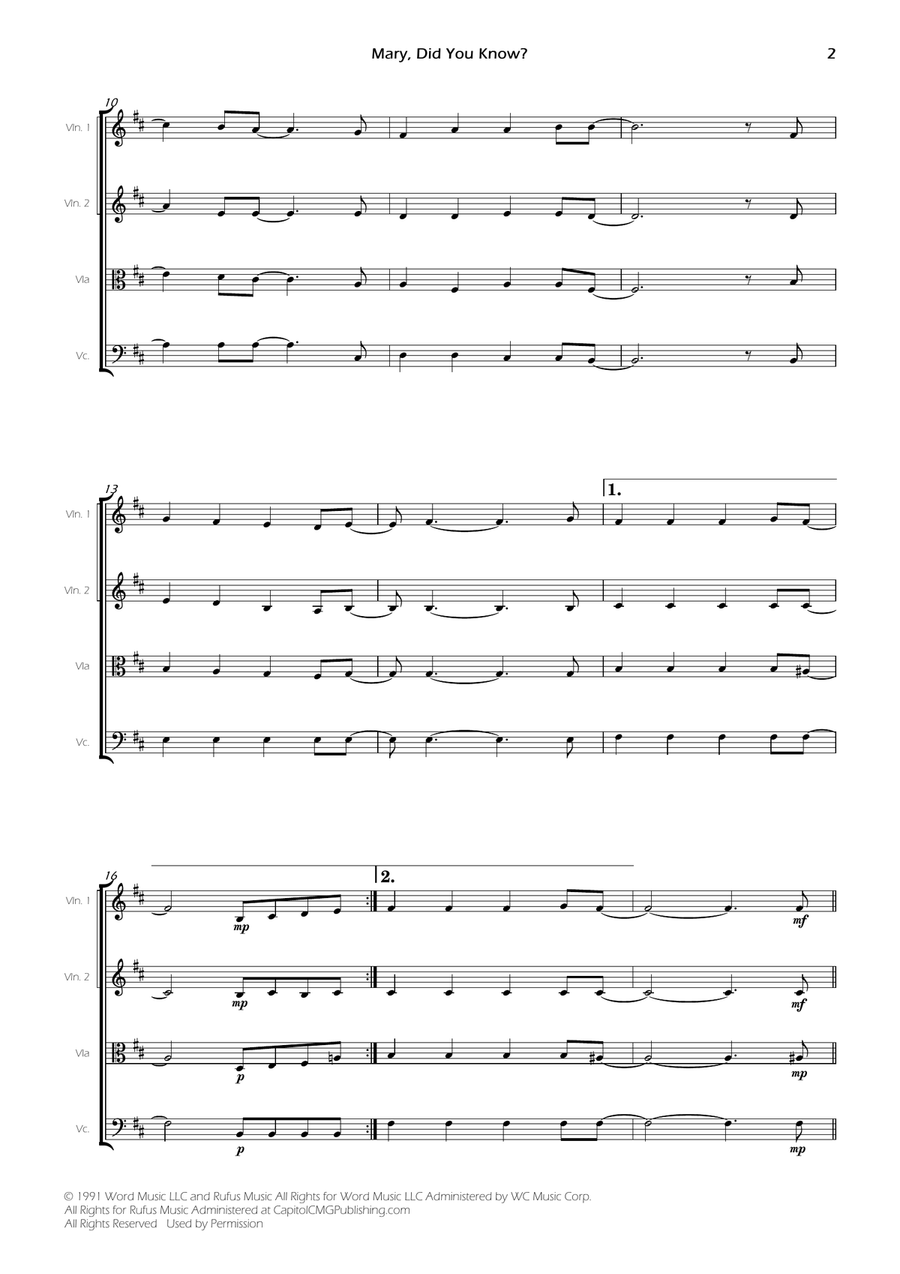 Mary, Did You Know? - Score Only String Quartet scores gallery preview page 2