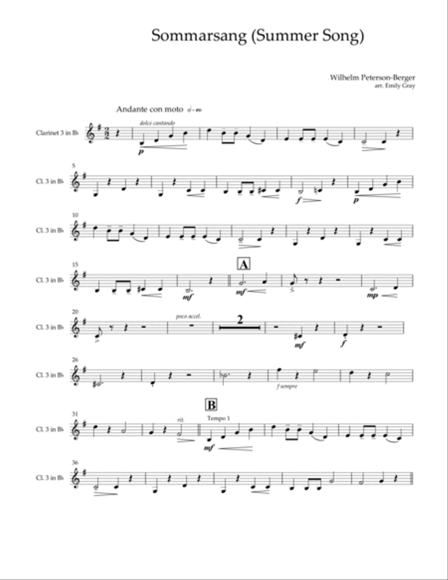 Sommarsang (Summer Song) for Clarinet Choir (Parts) image number null