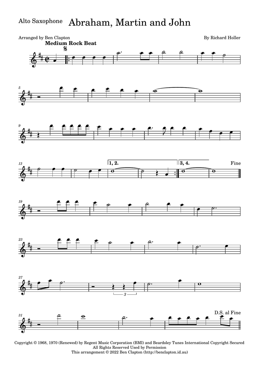 Abraham, Martin And John Alto Saxophone scores gallery preview page 1