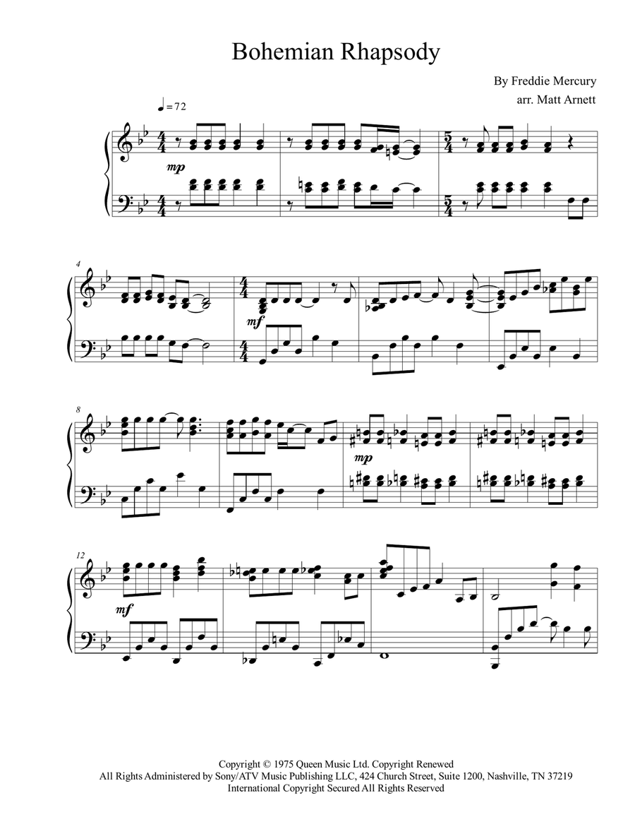 Bohemian Rhapsody Piano Solo scores gallery preview page 1