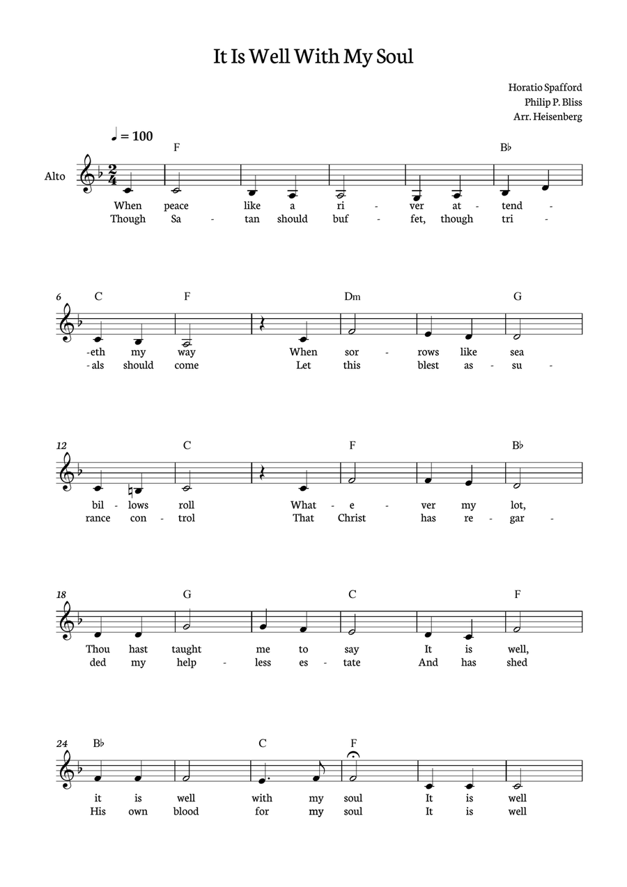 It Is Well With My Soul - Alto in F with lyrics and chords Alto Voice scores gallery preview page 1