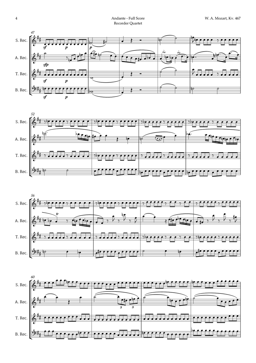 Andante from Piano Concerto No. 21 by Mozart for Recorder Quartet Chamber Music scores gallery preview page 4