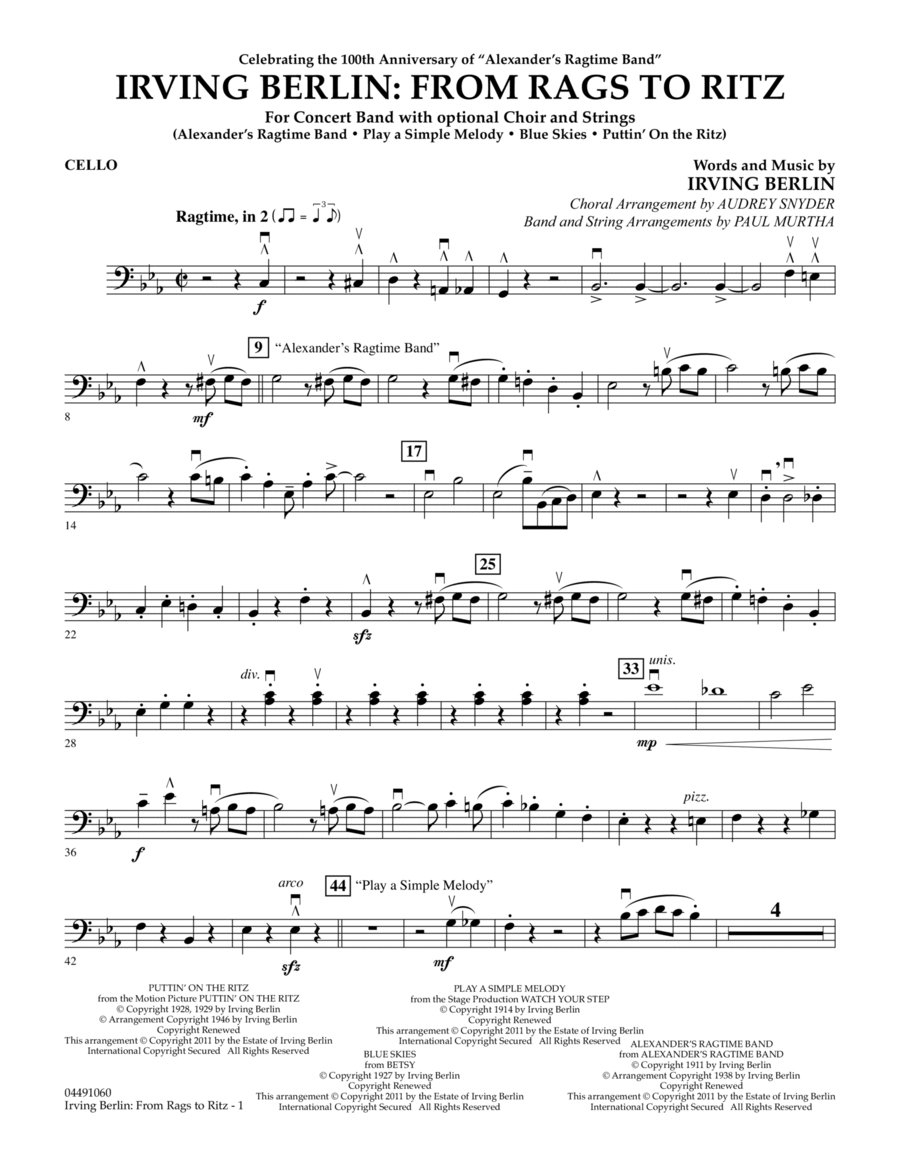 Irving Berlin: From Rags To Ritz - Cello Orchestra scores gallery preview page 1