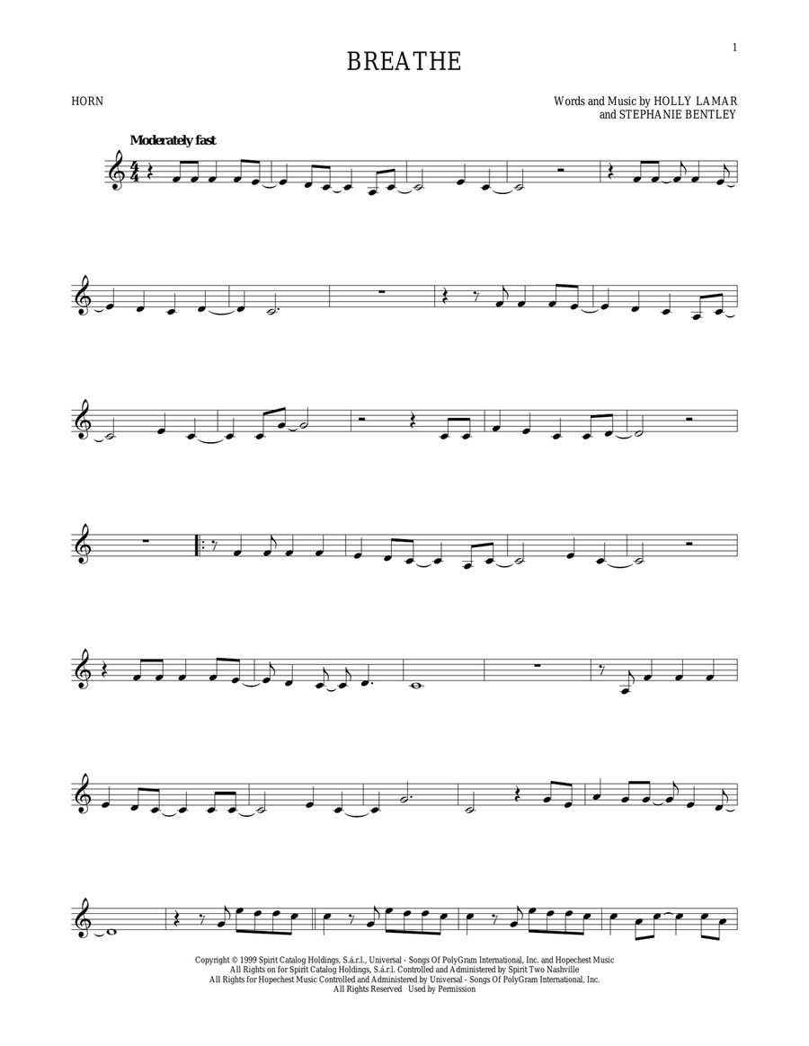 Breathe Breathe Horn Solo scores gallery preview page 1