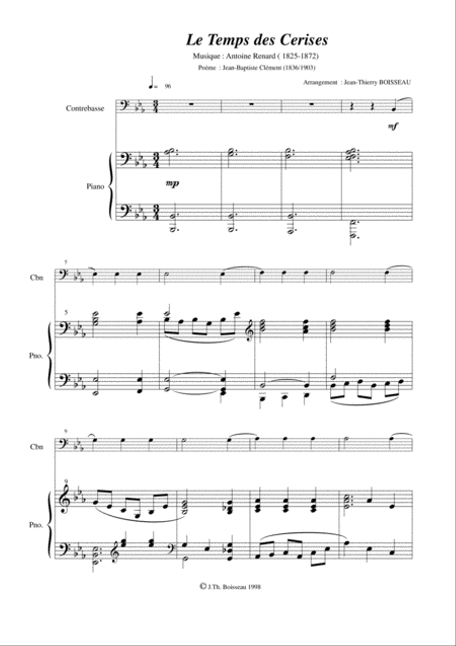 Antoine Renard: Le Temps des Cerises, arranged for contrabass and piano Double Bass scores gallery preview page 2