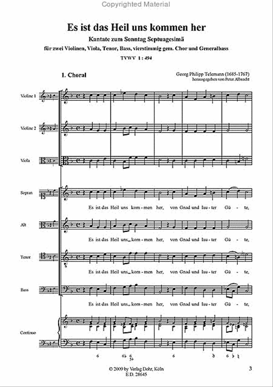 Es ist das Heil uns kommen her für zwei Violinen, Viola, Tenor, Bass, 4stg. gem. Chor und Generalbass TVWV 1:494 -Kantate zum Sonntag Septuagesimä- 4-Part scores gallery preview page 2