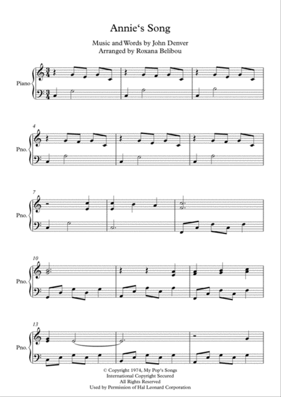 Annie's Song Piano Solo scores gallery preview page 1