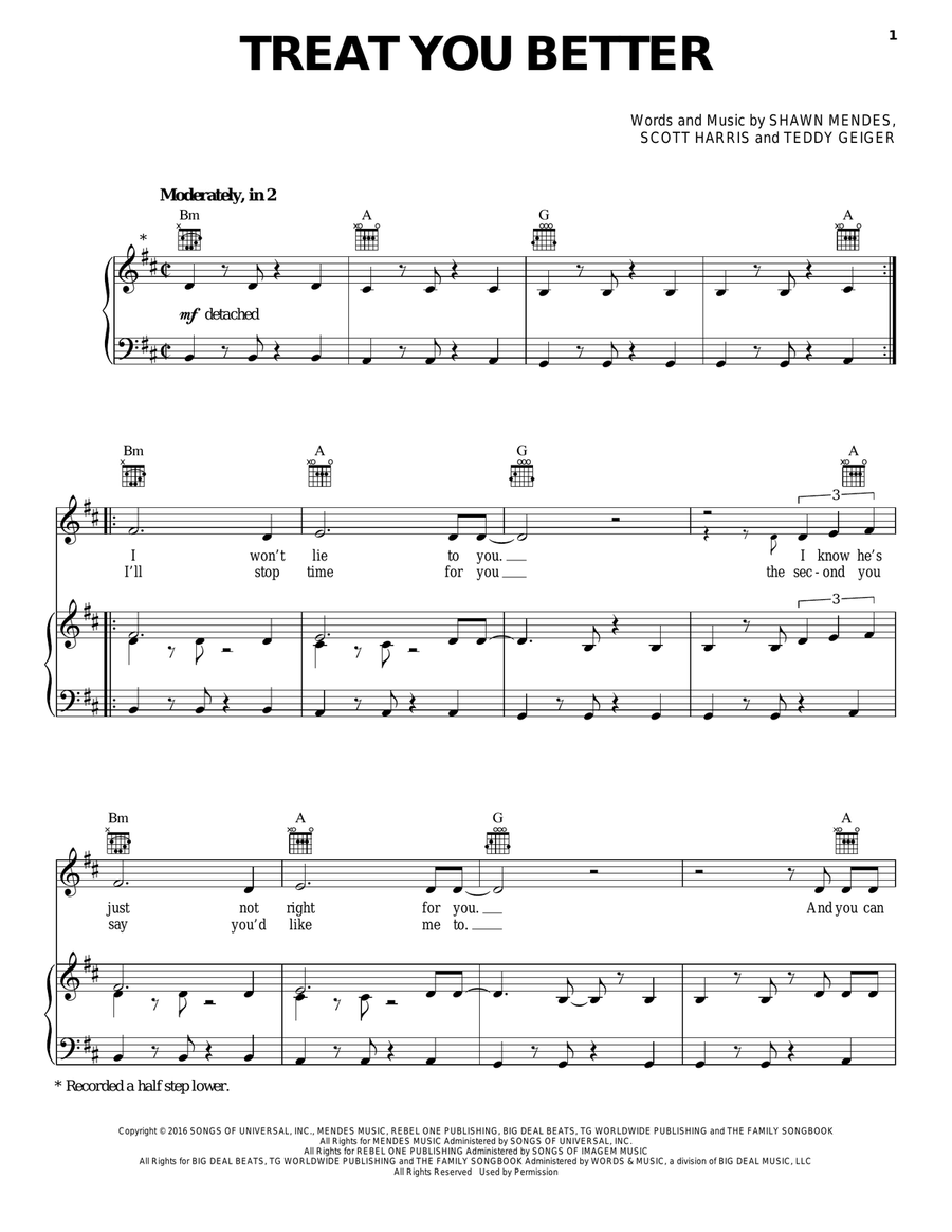Treat You Better Piano, Vocal, Guitar scores gallery preview page 1