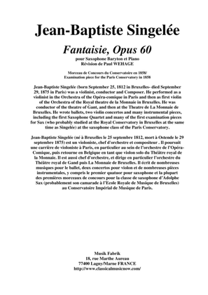 Book cover for Jean-Baptiste Singelée Fantaisie, Opus 60 pour Saxophone Baryton et Piano, revised by Paul Wehage
