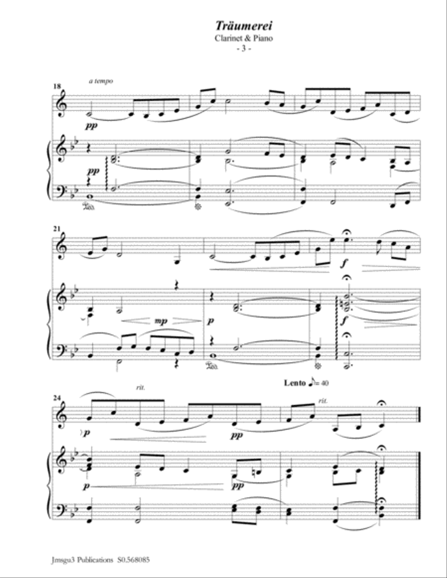 Schumann: Träumerei Op. 15 No. 7 for Clarinet & Piano Clarinet Solo scores gallery preview page 3