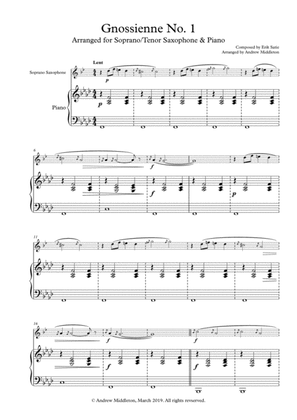 Book cover for Gnossienne No. 1 arranged for Soprano Saxophone & Piano