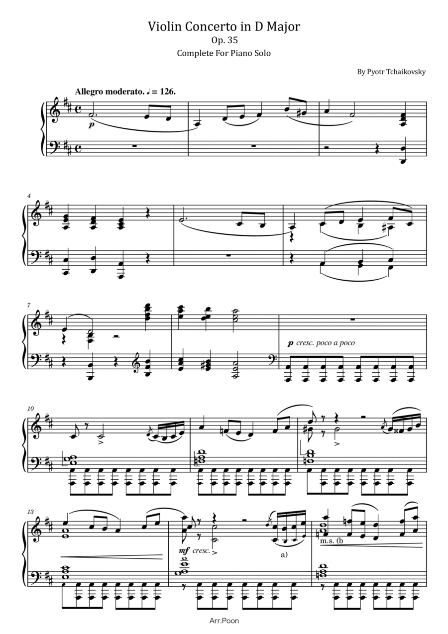 Tchaikovsky - Violin Concerto in D major - Op.35 - Complete For Piano Solo Piano Solo scores gallery preview page 1