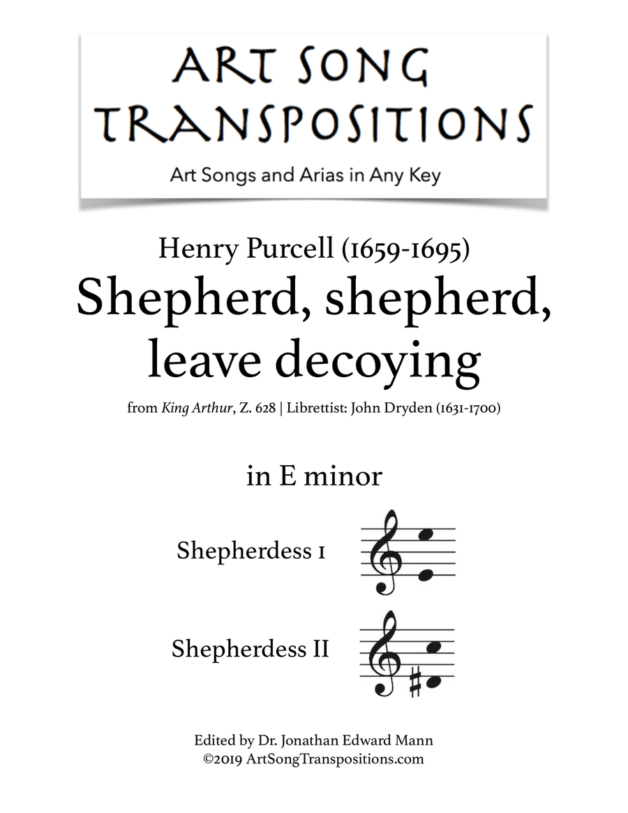 Book cover for PURCELL: Shepherd, shepherd, leave decoying (transposed to E minor)