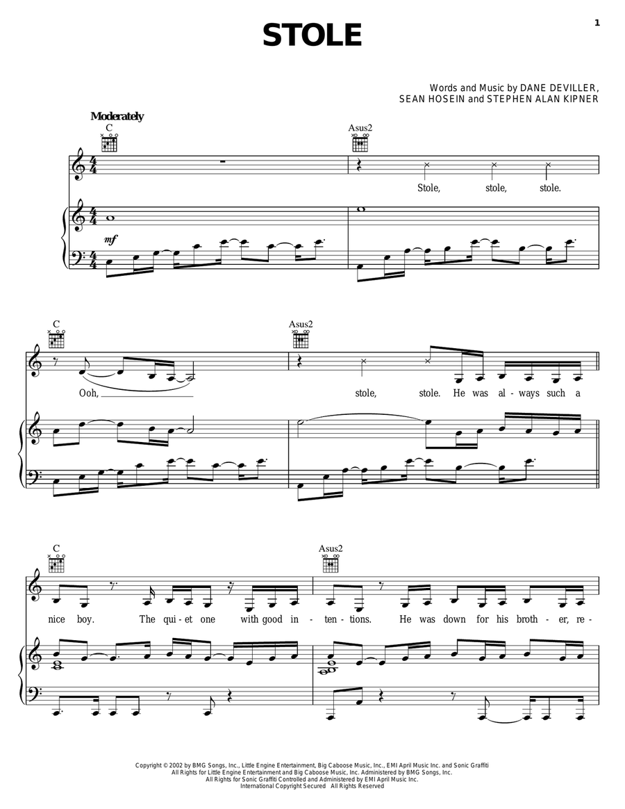 Stole Piano, Vocal, Guitar scores gallery preview page 1