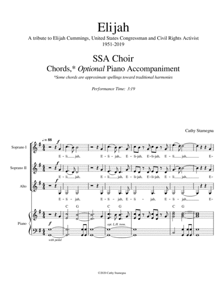 Elijah - A Tribute to Elijah Cummings (SSA, Chords, Optional Piano Acc.) image number null
