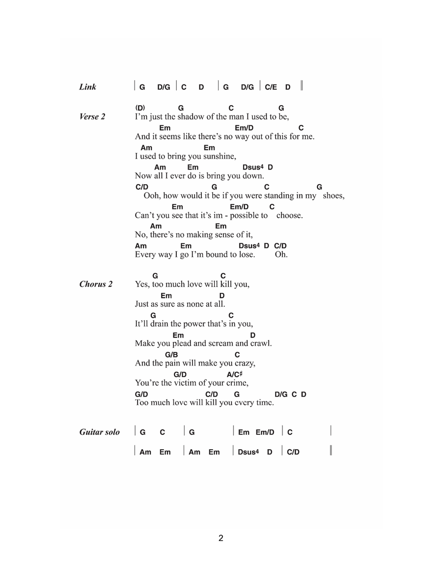 Too Much Love Will Kill You Easy Guitar scores gallery preview page 2