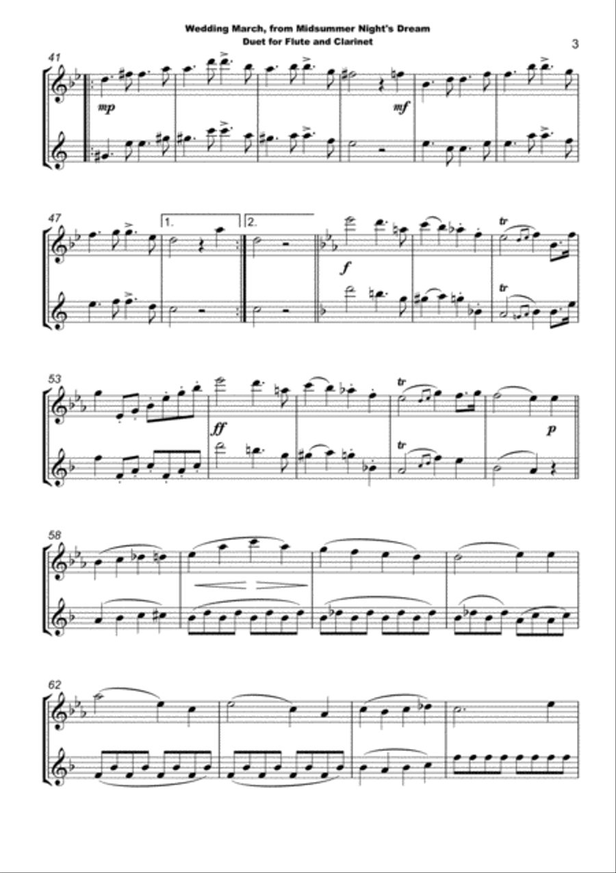 Wedding March by Mendelssohn, Flute and Clarinet Duet Woodwind Duet scores gallery preview page 4