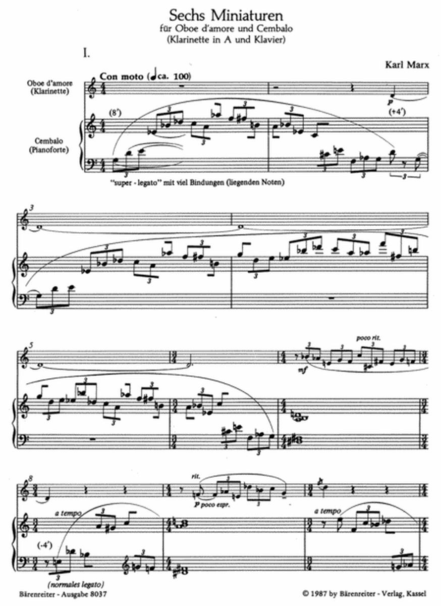 Sechs Miniaturen for Oboe d'amore und Cembalo oder for Clarinet in A und Klavier op. 62/2