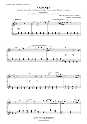 Andante (2nd Movement) from Piano Concerto No. 21 "Elvira Madigan" (Mozart) - Solo Piano (Level 2)