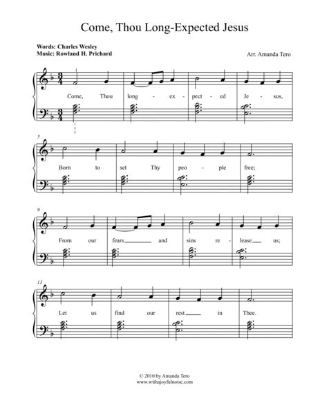 Come, Thou Long-Expected Jesus – Beginner/Elementary Christmas Piano Sheet Music Solo image number null