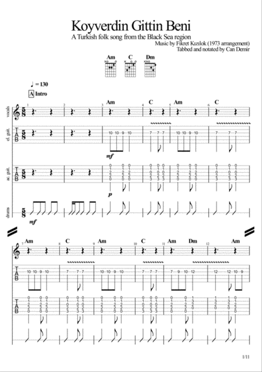Koyverdin Gittin Beni (Turkish folk song reconstructed for a rock band setting) Guitar Tablature scores gallery preview page 1